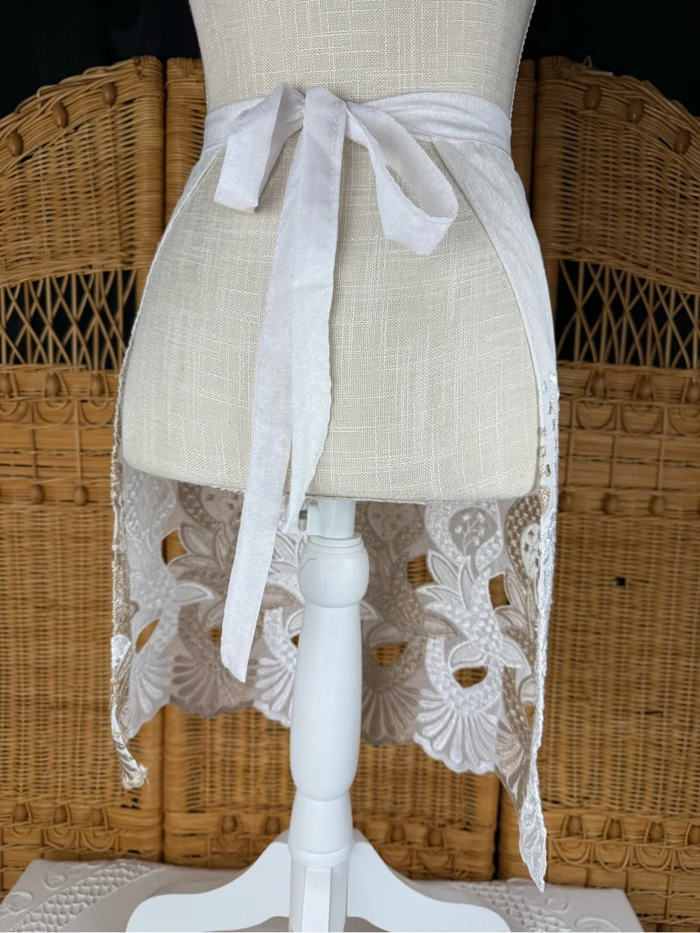 Elegant White & Champagne Embroidered Lace Tie-Waist Apron Skirt